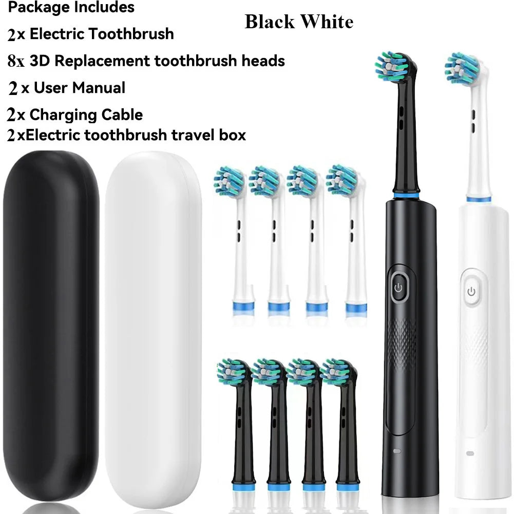 Rotating Electric Toothbrush Black White for Adults with 4 Brush Heads Deep Clean with Rechargeable Power and 2 Min Smart Timer