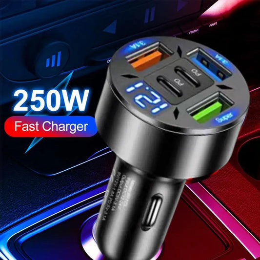 250W 5-Port Car Charger – Fast Charging PD & QC3.0 USB-C Adapter for iPhone & Android in Car