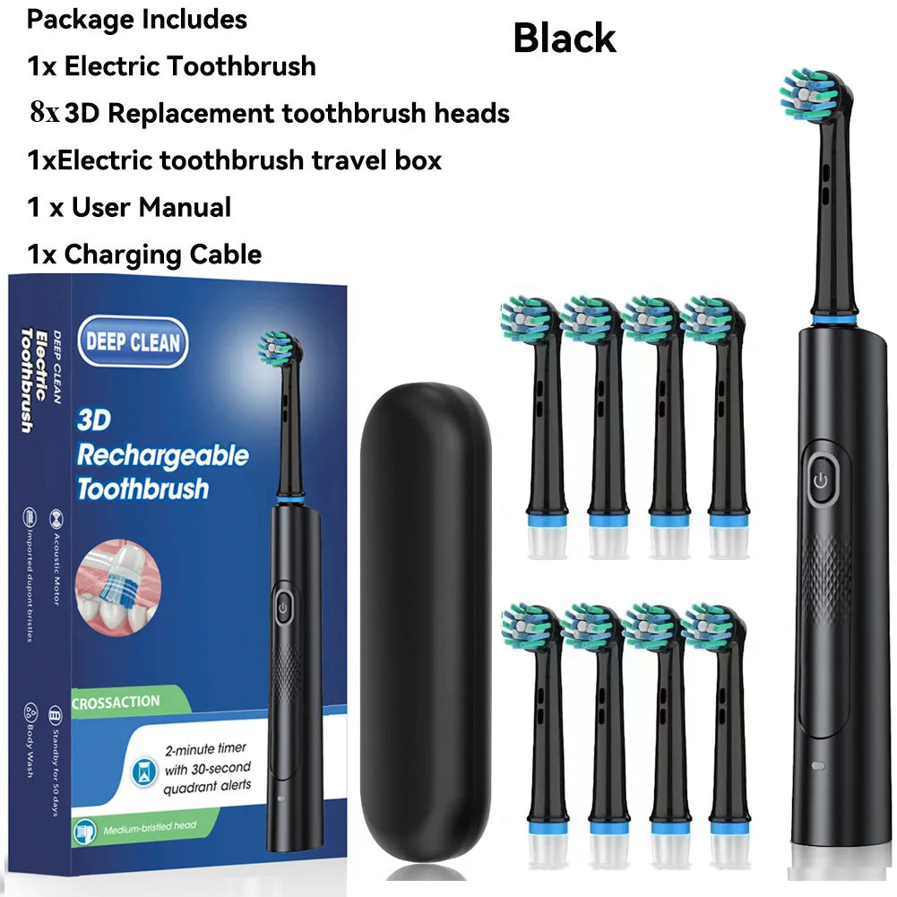 Rotating Electric Toothbrush Black White for Adults with 4 Brush Heads Deep Clean with Rechargeable Power and 2 Min Smart Timer