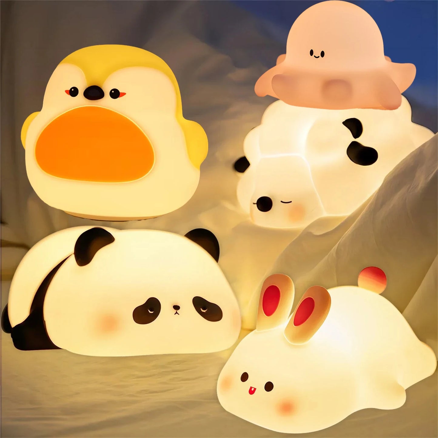 Cute Animal Silicone Night Light Patting Light, Rabbit Panda Octopus Robin Bird - for Room Decor, Gifts for Boys Girls Baby