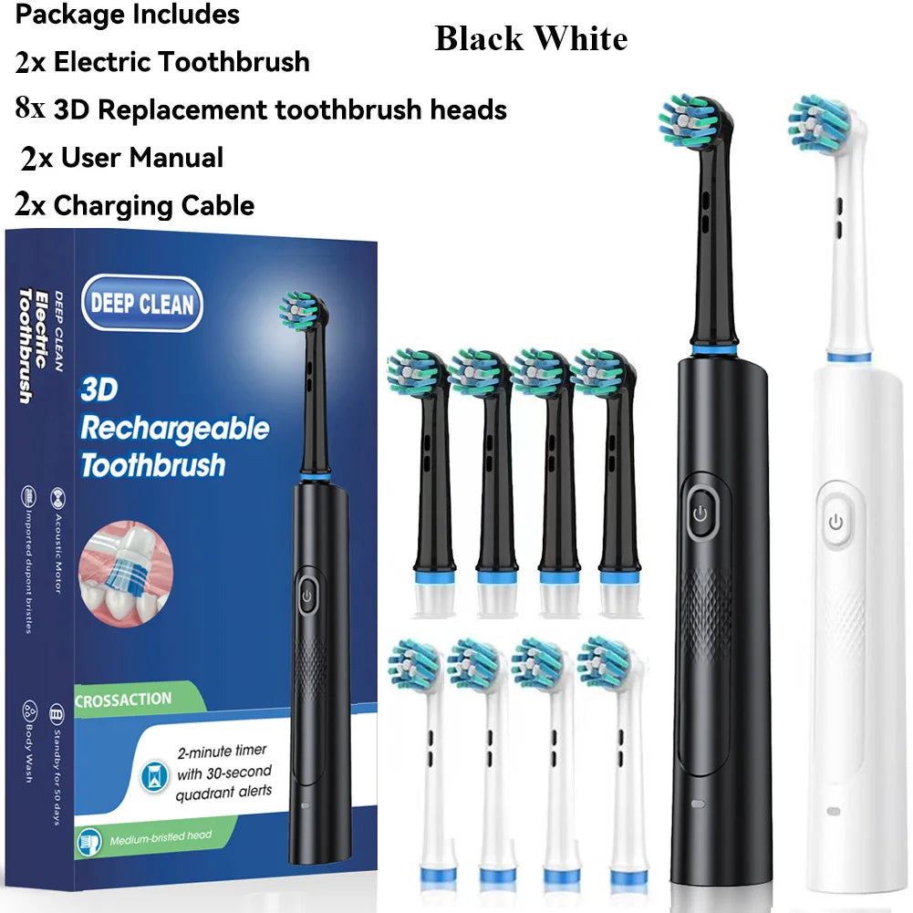 Rotating Electric Toothbrush Black White for Adults with 4 Brush Heads Deep Clean with Rechargeable Power and 2 Min Smart Timer