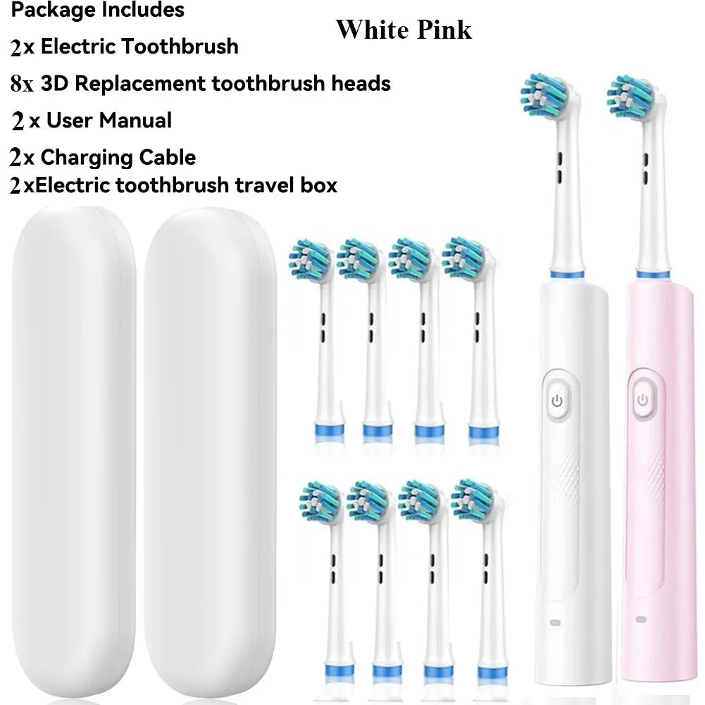 Rotating Electric Toothbrush Black White for Adults with 4 Brush Heads Deep Clean with Rechargeable Power and 2 Min Smart Timer