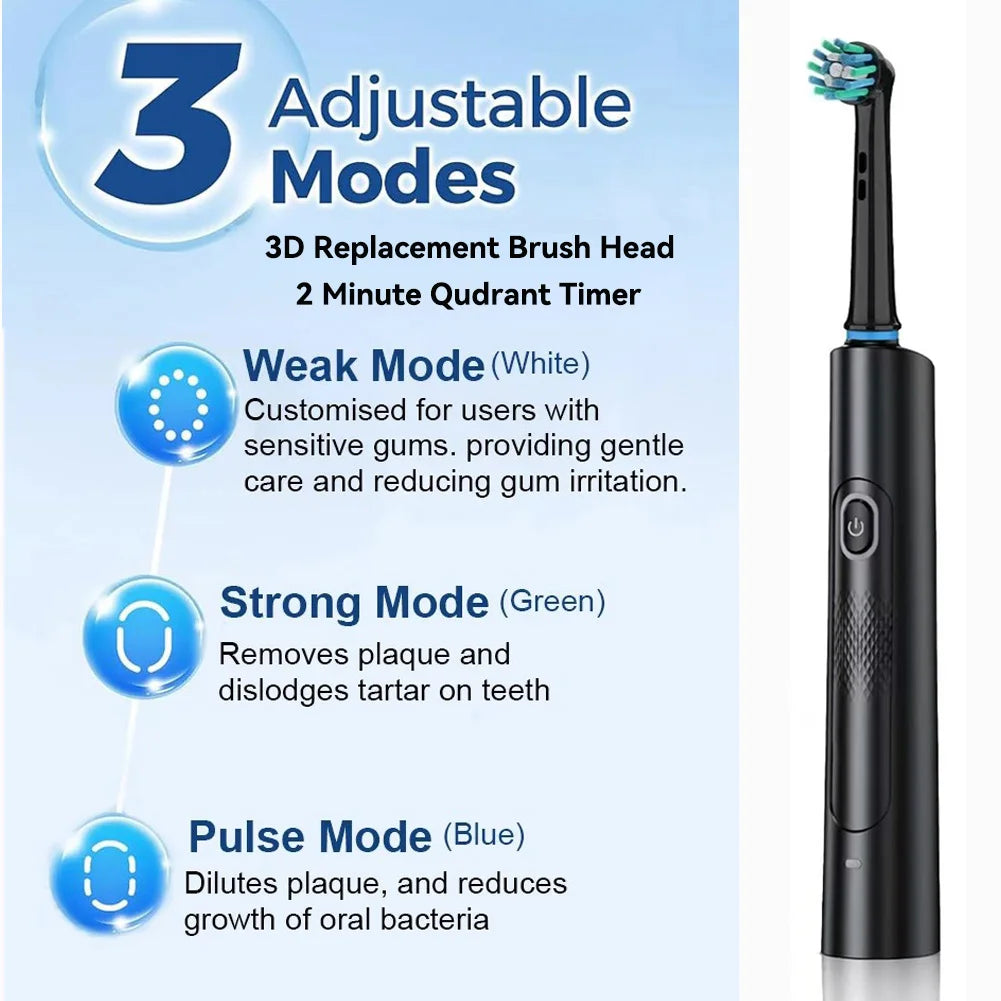 Rotating Electric Toothbrush Black White for Adults with 4 Brush Heads Deep Clean with Rechargeable Power and 2 Min Smart Timer