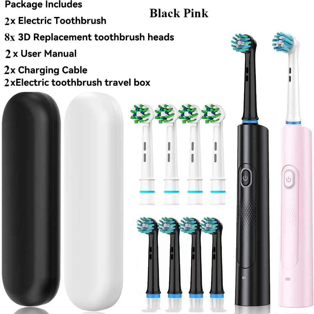 Rotating Electric Toothbrush Black White for Adults with 4 Brush Heads Deep Clean with Rechargeable Power and 2 Min Smart Timer