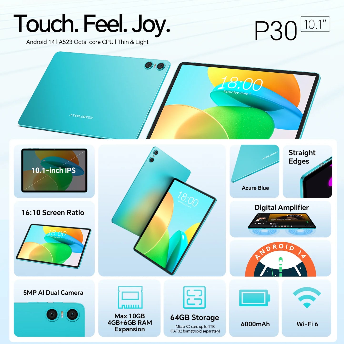 Teclast P30 Tablet – 10.1" IPS, Android 14, Octa-Core, 10GB RAM, 64GB ROM, TÜV Certified